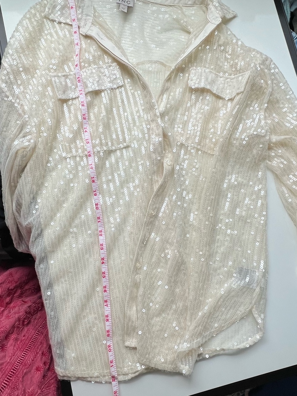 Jeannie Mai x INC Sequin Cream Sheer Button-Up Shirt - Picture 7 of 8